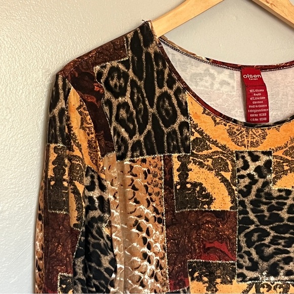 Olsen Europe Women’s Patchwork Pattern 3/4 Sleeve Shirt Top Red Large XL 14 - Picture 4 of 9